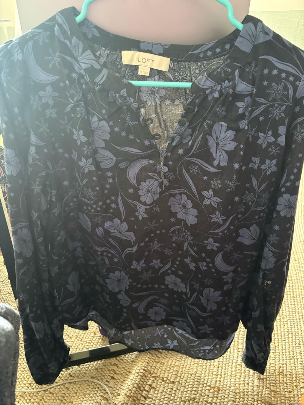 LOFT Black Floral Button-Up Blouse with Slate Blue Print
